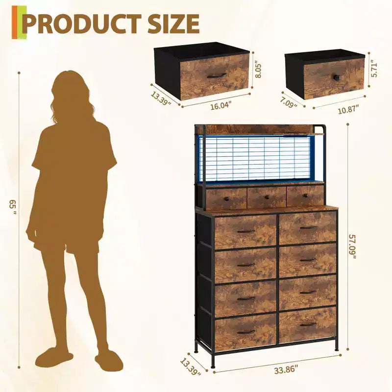 Commode, commode intelligente avec 11 tiroirs en tissu, station de recharge intégrée et RVB contrôlable par application, style industriel blanc