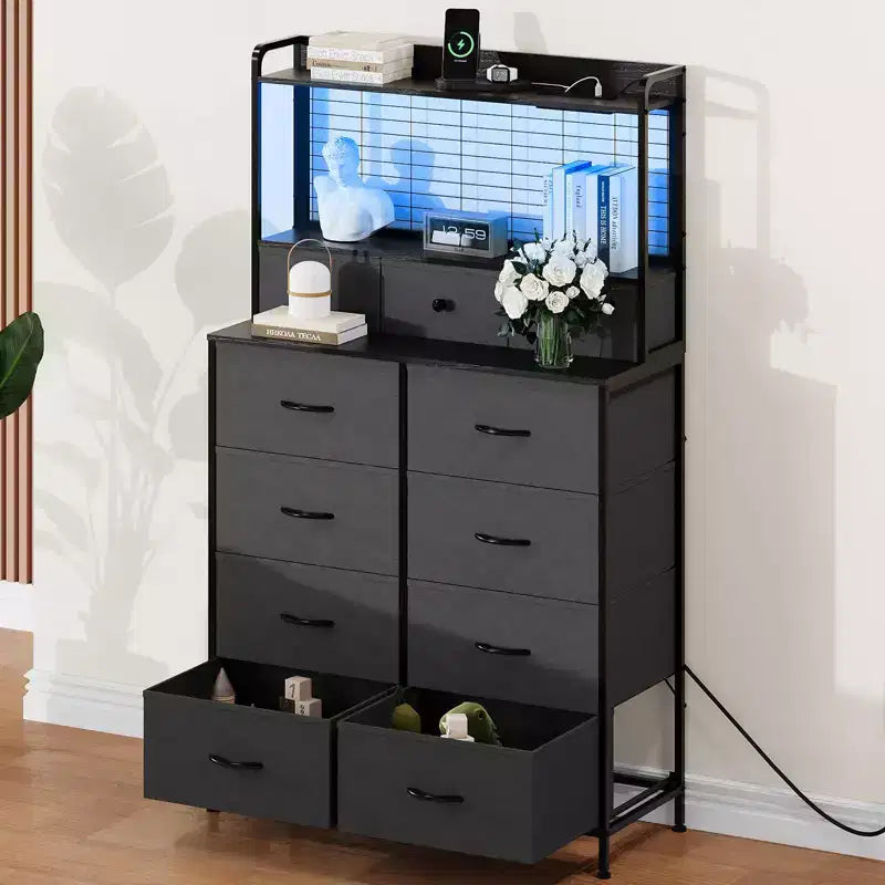 Commode, commode intelligente avec 11 tiroirs en tissu, station de recharge intégrée et RVB contrôlable par application, style industriel blanc