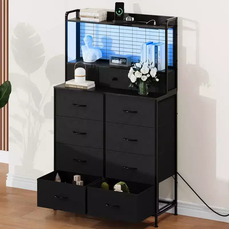 Commode, commode intelligente avec 11 tiroirs en tissu, station de recharge intégrée et RVB contrôlable par application, style industriel blanc