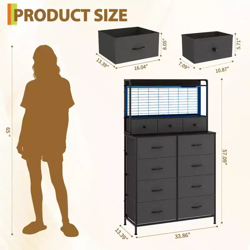 Commode, commode intelligente avec 11 tiroirs en tissu, station de recharge intégrée et RVB contrôlable par application, style industriel blanc