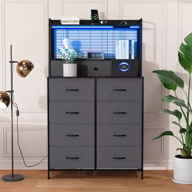 Commode, commode intelligente avec 11 tiroirs en tissu, station de recharge intégrée et RVB contrôlable par application, style industriel blanc