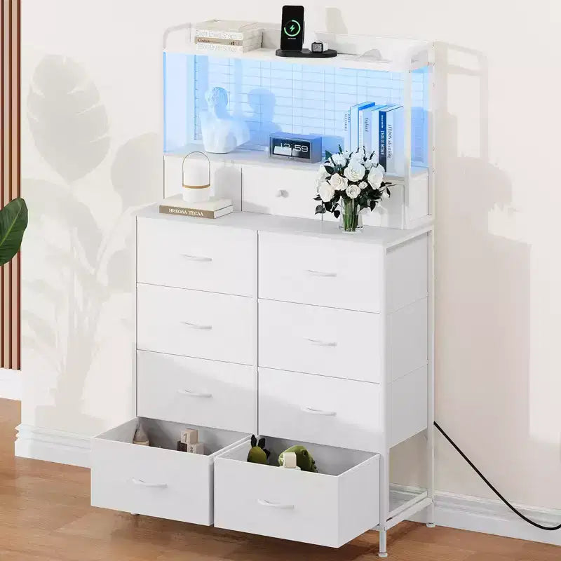 Commode, commode intelligente avec 11 tiroirs en tissu, station de recharge intégrée et RVB contrôlable par application, style industriel blanc