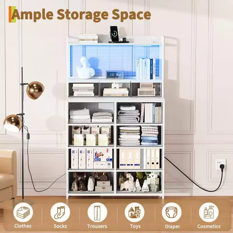 Commode, commode intelligente avec 11 tiroirs en tissu, station de recharge intégrée et RVB contrôlable par application, style industriel blanc