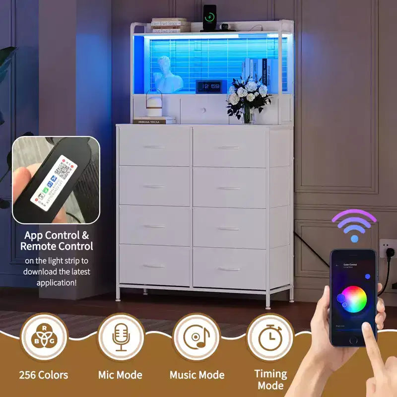 Commode, commode intelligente avec 11 tiroirs en tissu, station de recharge intégrée et RVB contrôlable par application, style industriel blanc