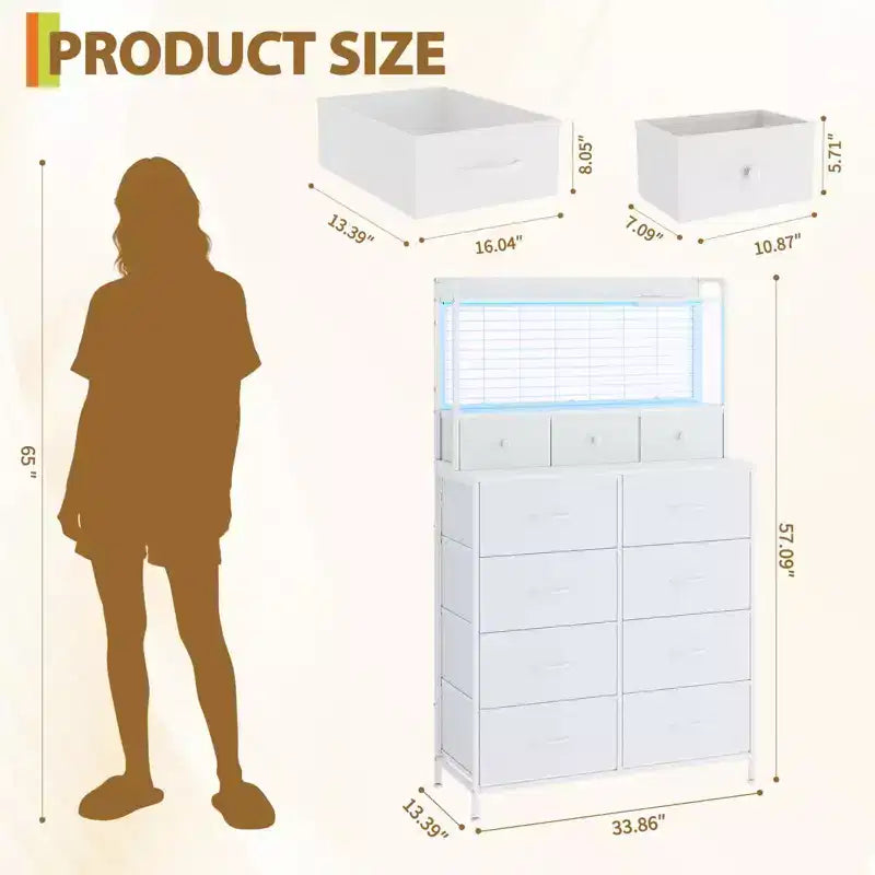 Commode, commode intelligente avec 11 tiroirs en tissu, station de recharge intégrée et RVB contrôlable par application, style industriel blanc