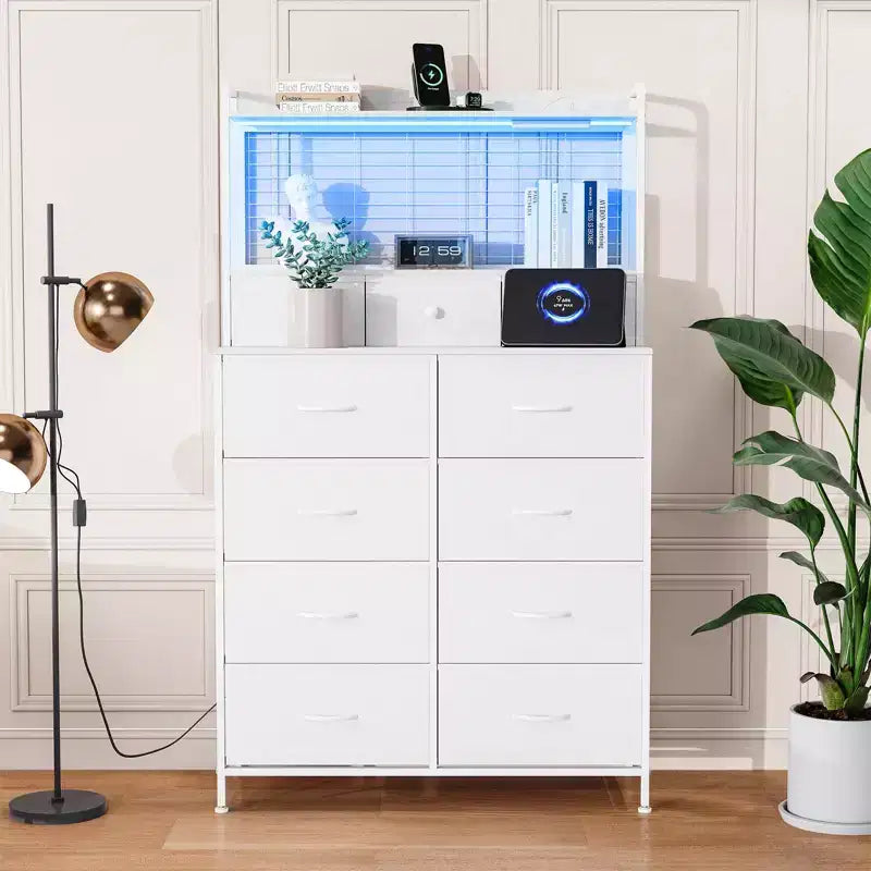 Commode, commode intelligente avec 11 tiroirs en tissu, station de recharge intégrée et RVB contrôlable par application, style industriel blanc