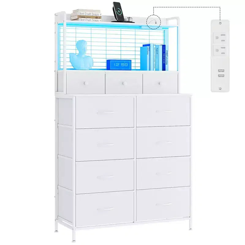 Commode, commode intelligente avec 11 tiroirs en tissu, station de recharge intégrée et RVB contrôlable par application, style industriel blanc