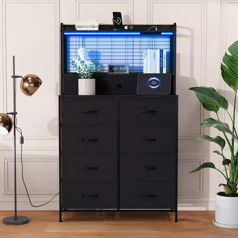 Commode, commode intelligente avec 11 tiroirs en tissu, station de recharge intégrée et RVB contrôlable par application, style industriel blanc