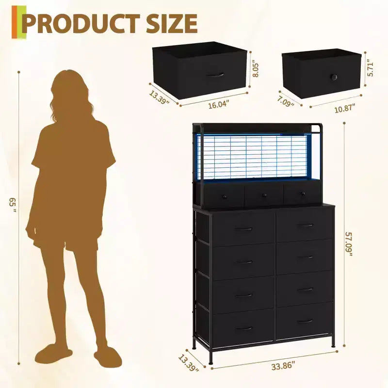 Commode, commode intelligente avec 11 tiroirs en tissu, station de recharge intégrée et RVB contrôlable par application, style industriel blanc