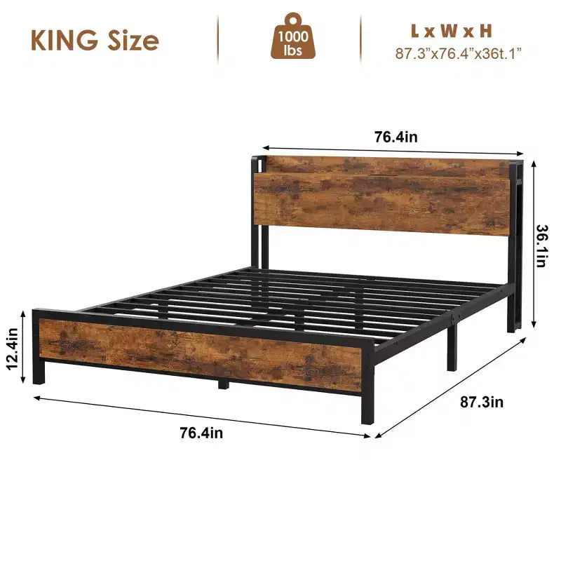 Cadre de lit King Size avec tête de lit de rangement, plateforme de lit King industrielle, pas besoin de sommier tapissier, assemblage facile, support de matelas - Marron rustique