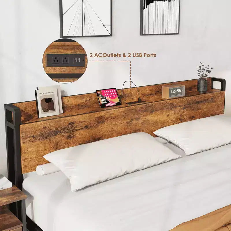 Cadre de lit King Size avec tête de lit de rangement, plateforme de lit King industrielle, pas besoin de sommier tapissier, assemblage facile, support de matelas - Marron rustique