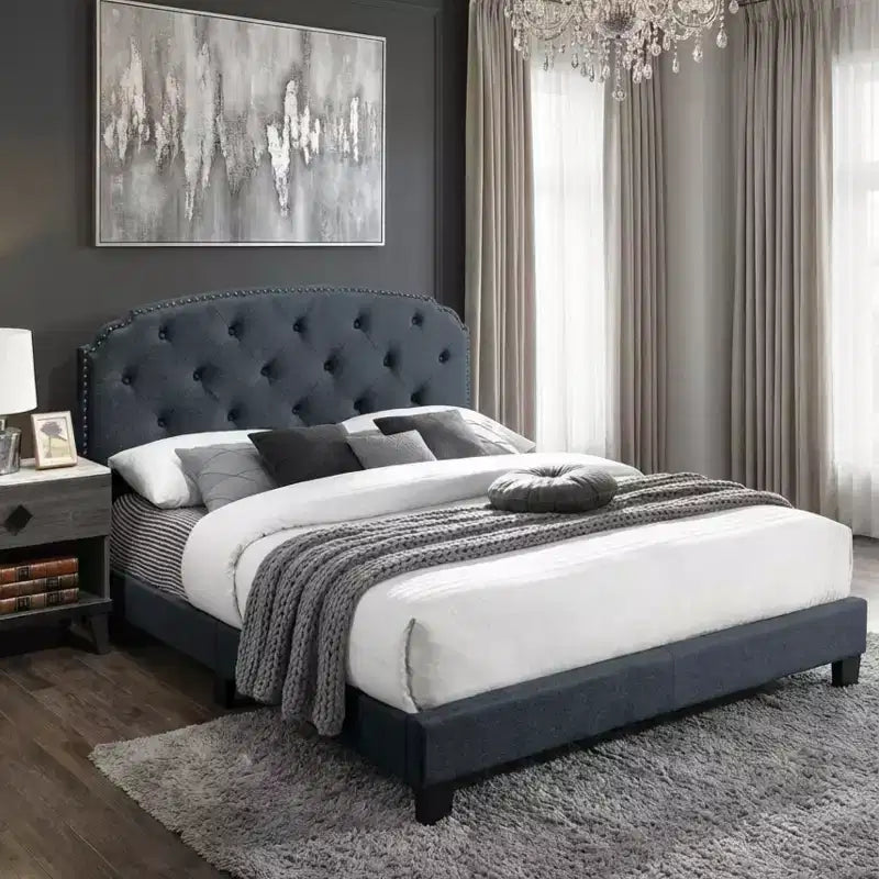 GDFStudio Everett Lit Plateforme Rembourré en Toile de Jute Style Classique Européen avec Tête de Lit Capitonnée à Clous Décoratifs