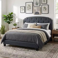 GDFStudio Everett European Classic Burlap Upholstered Platform Bed Frame with Button Tufted Nailhead Trim Headboard