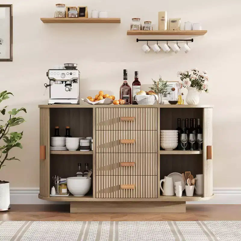 Meuble buffet bahut de 119 cm avec rangement, buffet de bar à café cannelé avec 4 tiroirs et 2 portes coulissantes, table de buffet en bois pour la cuisine et le salon