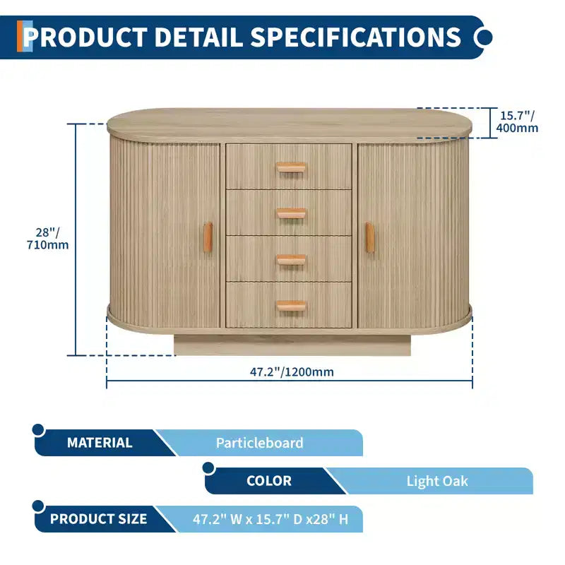 Meuble buffet bahut de 119 cm avec rangement, buffet de bar à café cannelé avec 4 tiroirs et 2 portes coulissantes, table de buffet en bois pour la cuisine et le salon