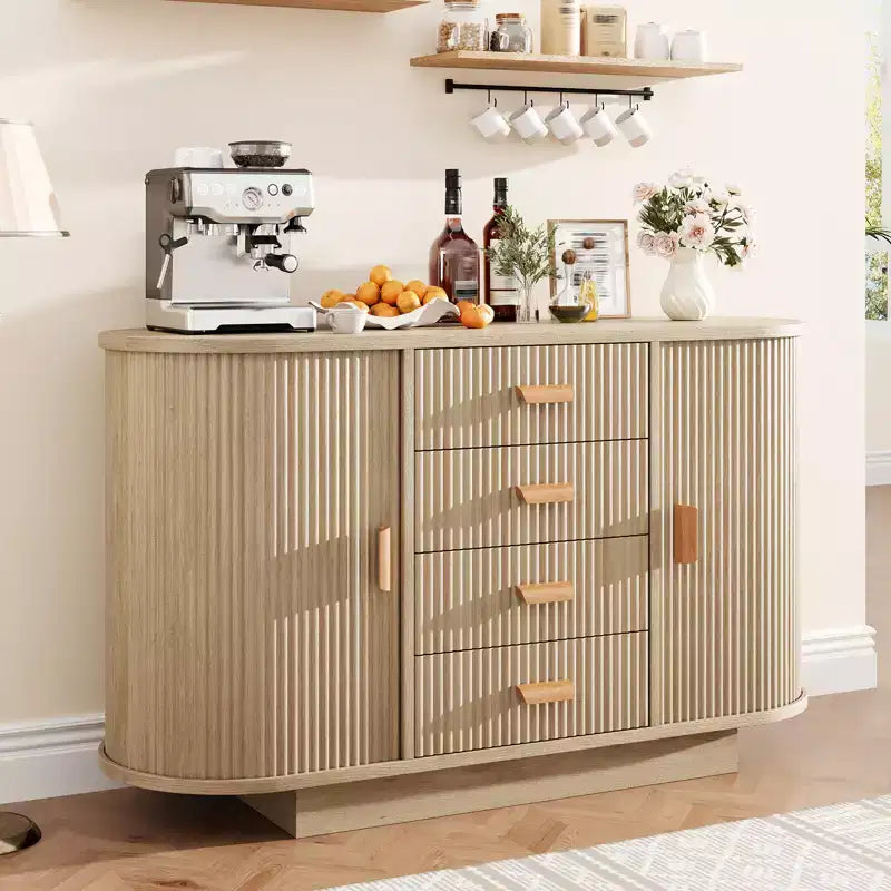 Meuble buffet bahut de 119 cm avec rangement, buffet de bar à café cannelé avec 4 tiroirs et 2 portes coulissantes, table de buffet en bois pour la cuisine et le salon