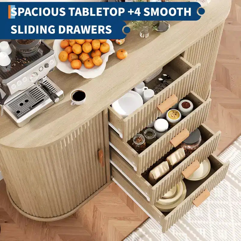 Meuble buffet bahut de 119 cm avec rangement, buffet de bar à café cannelé avec 4 tiroirs et 2 portes coulissantes, table de buffet en bois pour la cuisine et le salon