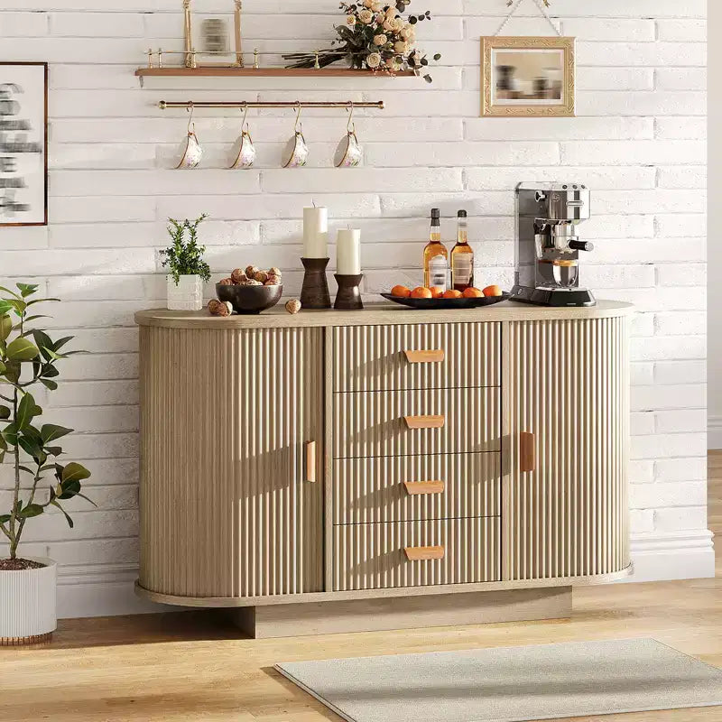 Meuble buffet bahut de 119 cm avec rangement, buffet de bar à café cannelé avec 4 tiroirs et 2 portes coulissantes, table de buffet en bois pour la cuisine et le salon