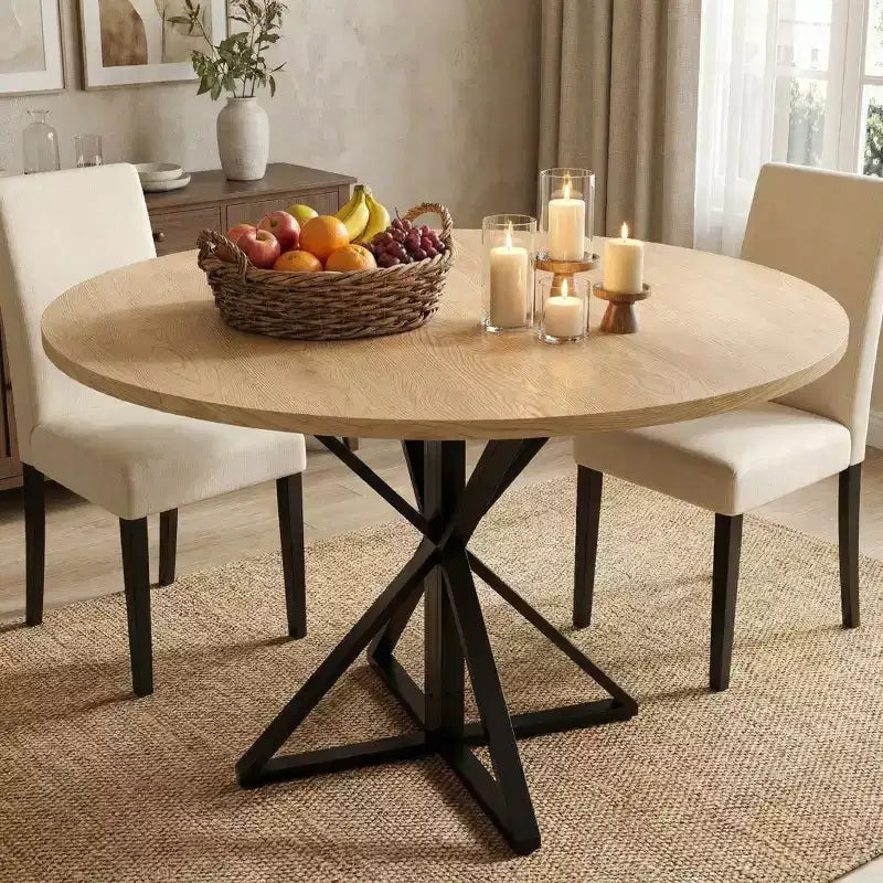 Table à manger ronde pour 4-6 personnes, table de cuisine de style ferme de 120 cm avec rangement, tables à dîner circulaires pour la cuisine, la salle à manger, le salon, la salle de réunion