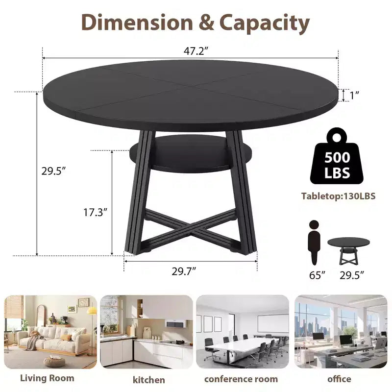 Table à manger ronde pour 4-6 personnes, table de cuisine de style ferme de 120 cm avec rangement, tables à dîner circulaires pour la cuisine, la salle à manger, le salon, la salle de réunion