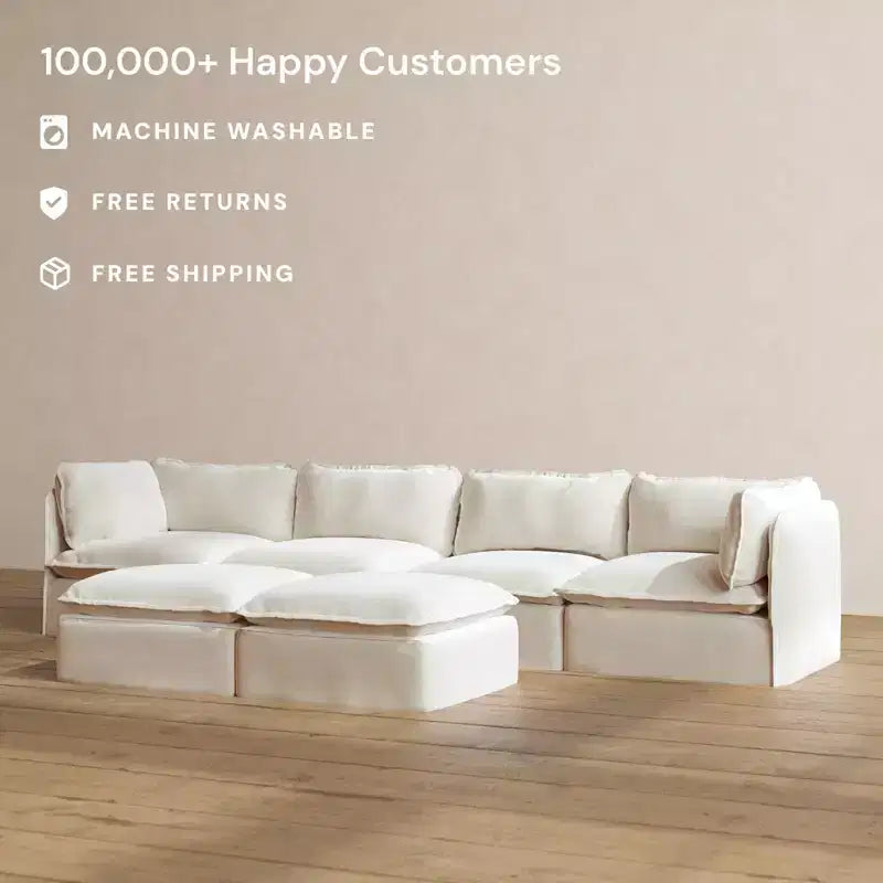 Canapé modulaire lavable 4 places Anabei + banc ottoman | Assise Deluxe+ et coussin Cloud