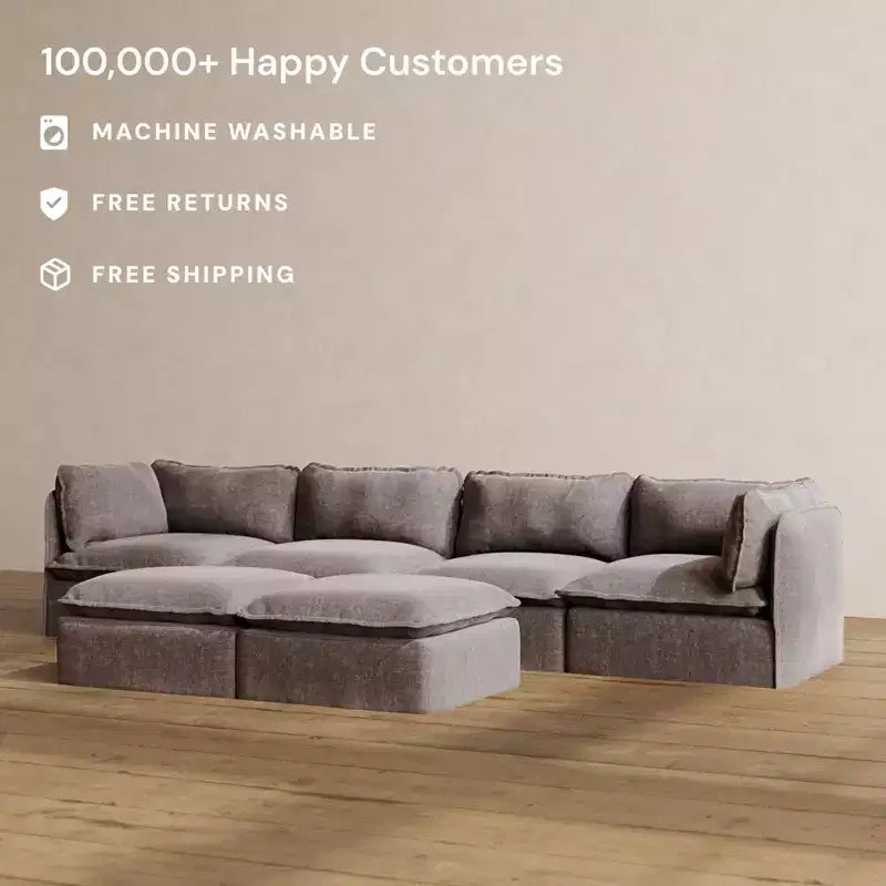 Canapé modulaire lavable 4 places Anabei + banc ottoman | Assise Deluxe+ et coussin Cloud