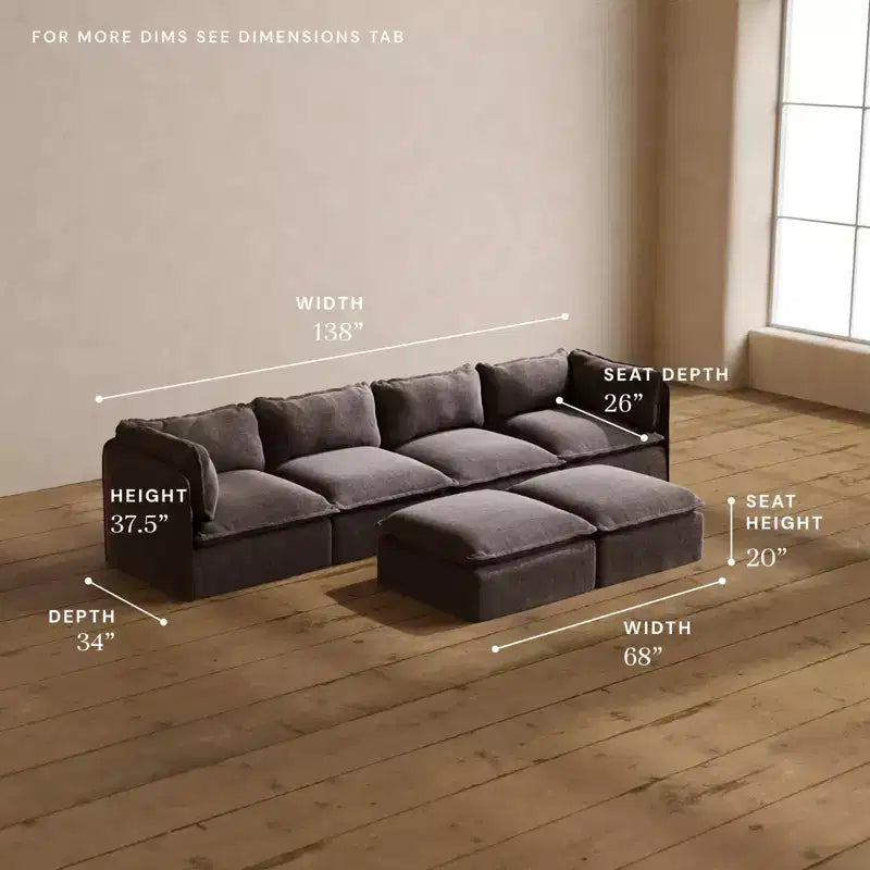 Canapé modulaire lavable 4 places Anabei + banc ottoman | Assise Deluxe+ et coussin Cloud