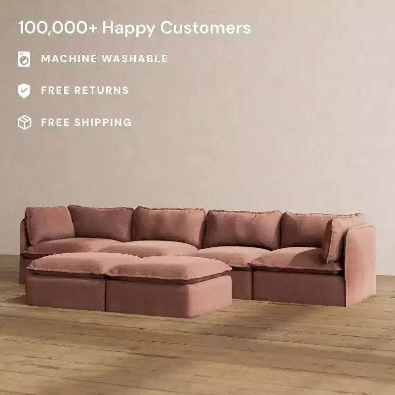Canapé modulaire lavable 4 places Anabei + banc ottoman | Assise Deluxe+ et coussin Cloud