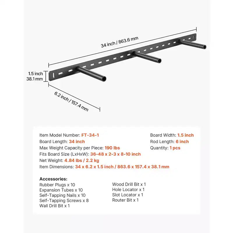 Support d'Étagère Flottante VEVOR, 1 Unité, Capacité de Charge 86 kg (190 lb), 863,6x157,4x38,1 mm (34x6,2x1,5 po), Robuste et Dissimulé, Montage Mural, Noir