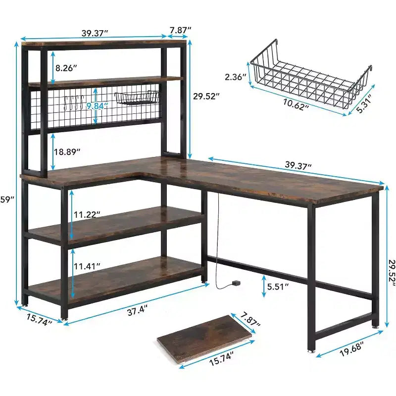 Bureau d'ordinateur d'angle Lantine de 55 pouces, bureau réversible avec chargement sans fil et étagère, pour bureau à domicile, marron