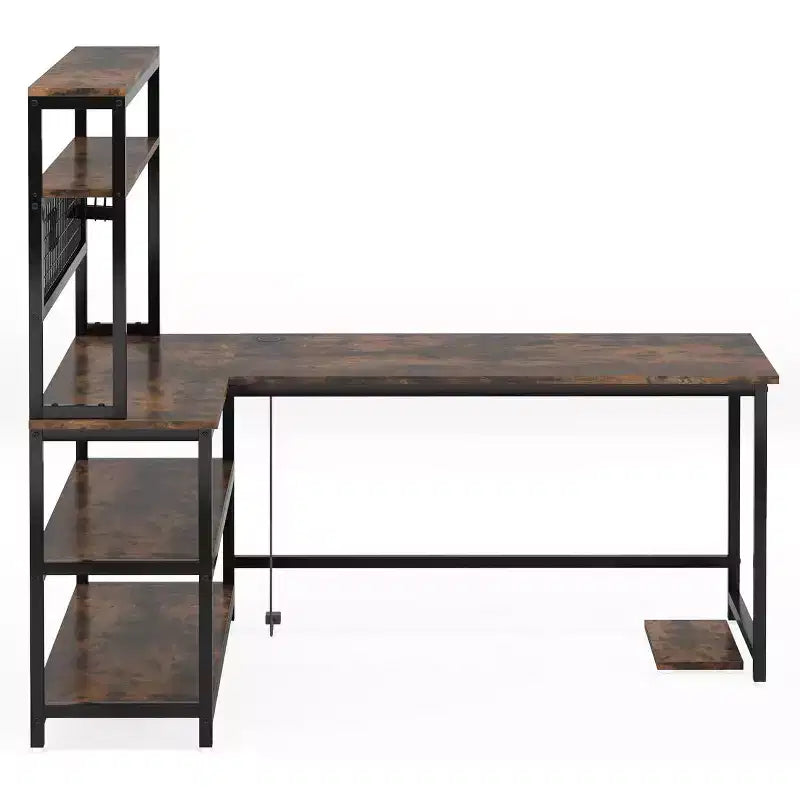 Bureau d'ordinateur d'angle Lantine de 55 pouces, bureau réversible avec chargement sans fil et étagère, pour bureau à domicile, marron