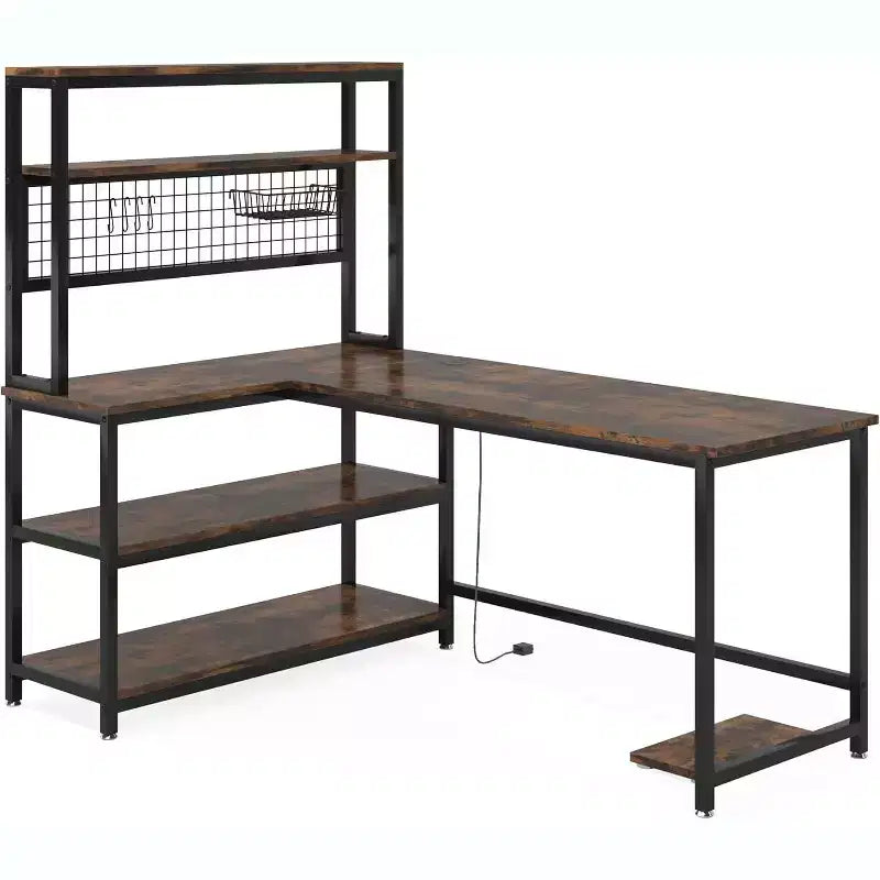 Bureau d'ordinateur d'angle Lantine de 55 pouces, bureau réversible avec chargement sans fil et étagère, pour bureau à domicile, marron