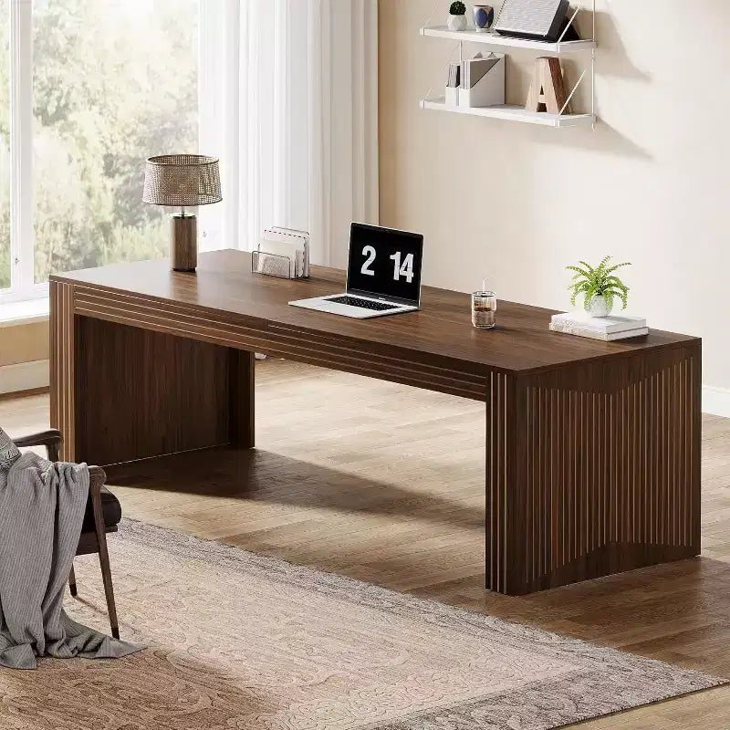 Grand bureau Lantine de 199 cm, double bureau deux personnes pour bureau à domicile, longue table d'écriture d'ordinateur en bois pour bureau, marron foncé