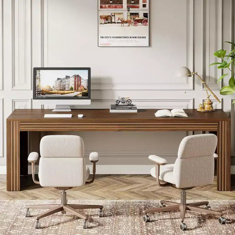 Grand bureau Lantine de 199 cm, double bureau deux personnes pour bureau à domicile, longue table d'écriture d'ordinateur en bois pour bureau, marron foncé