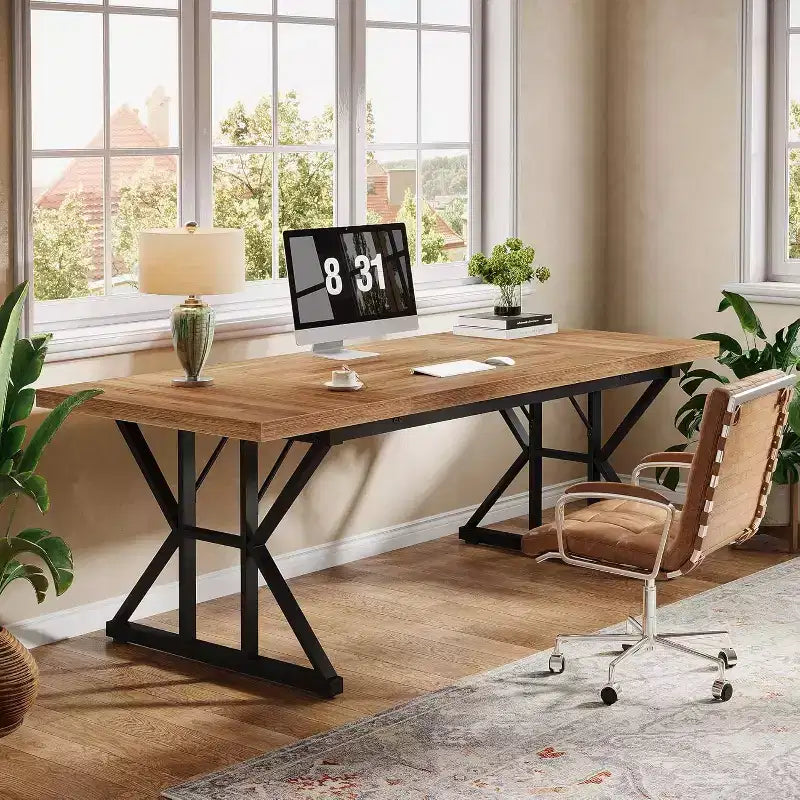 Grand bureau de direction Lantine de 180 cm, table d'étude/d'écriture pour ordinateur de bureau à domicile de style industriel, brun clair/noir