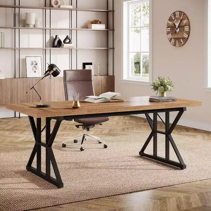 Grand bureau de direction Lantine de 180 cm, table d'étude/d'écriture pour ordinateur de bureau à domicile de style industriel, brun clair/noir