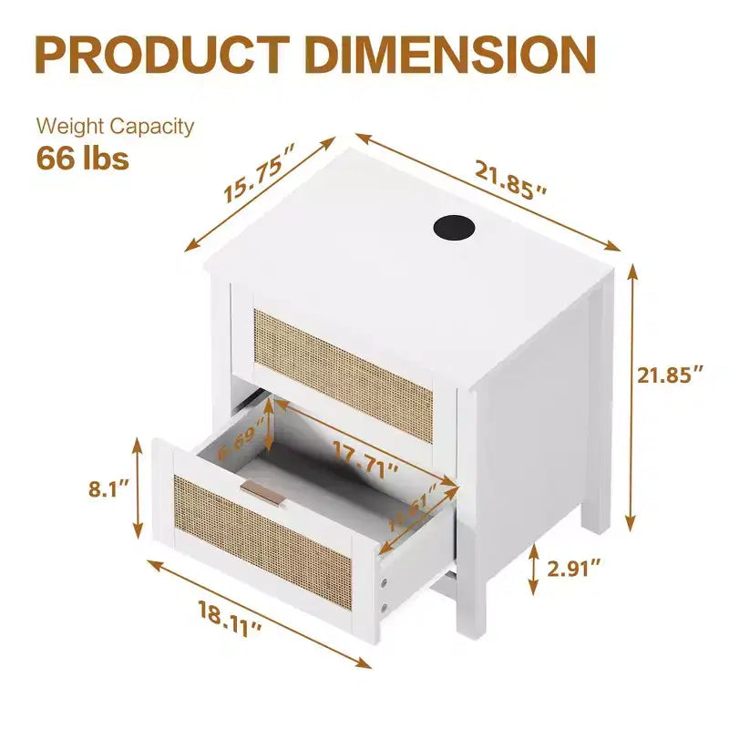 TYBOATLE Lot de 2 tables de chevet en rotin avec station de charge sans fil, tables d'appoint modernes du milieu du siècle avec 2 tiroirs tressés bohèmes, tables de chevet en bois