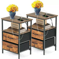 FurnitureR 2-Piece Nightstand Set with 2 Drawers, Industrial Bedside Tables with Open Shelf and Storage Bins, Rustic Brown