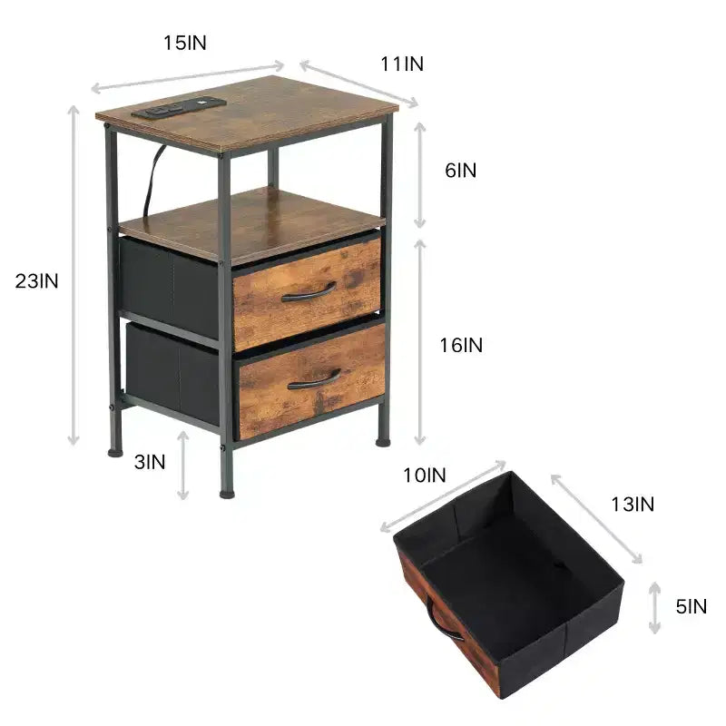 Lot de 2 tables de chevet FurnitureR avec 2 tiroirs, tables de chevet industrielles avec étagère ouverte et bacs de rangement, marron rustique
