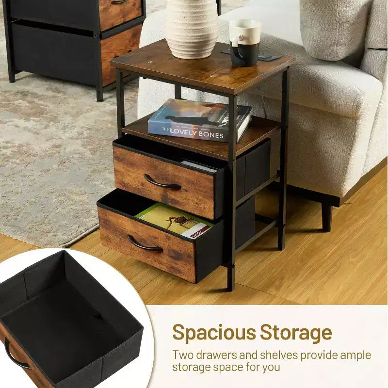 Lot de 2 tables de chevet FurnitureR avec 2 tiroirs, tables de chevet industrielles avec étagère ouverte et bacs de rangement, marron rustique