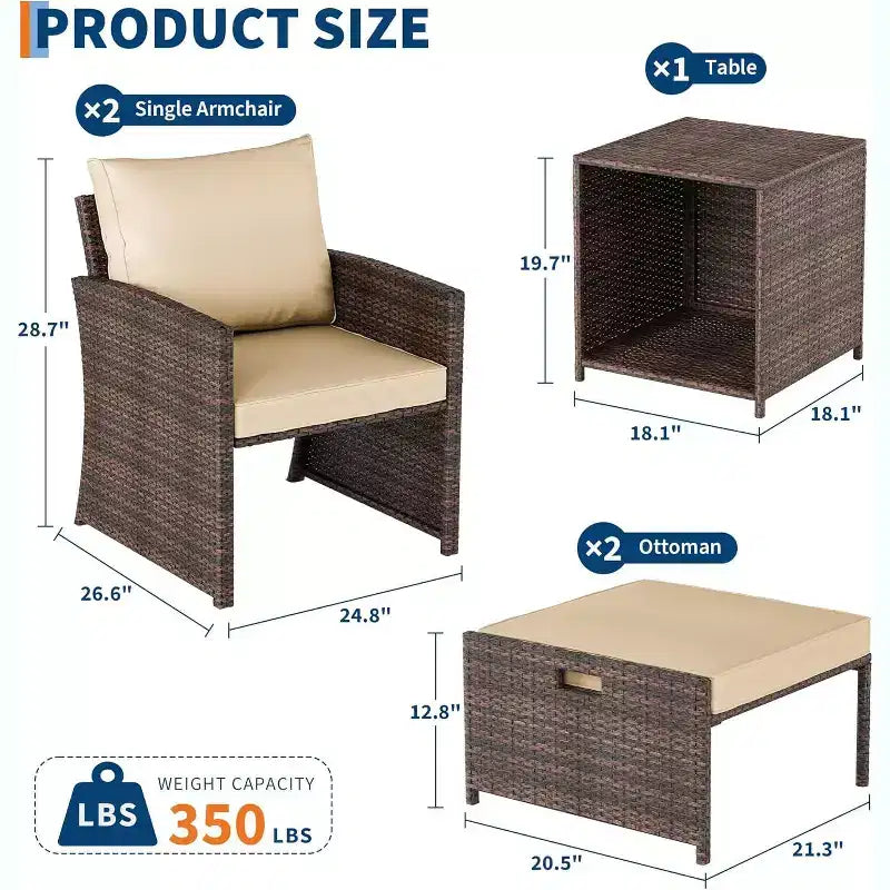 Ensemble de canapés de jardin 5 pièces à dossier haut, meubles d'extérieur en rotin PE avec coussins moelleux, 2 poufs et une table, pour jardin, balcon, porche, bord de piscine