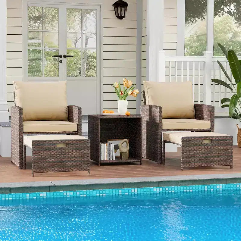 Ensemble de canapés de jardin 5 pièces à dossier haut, meubles d'extérieur en rotin PE avec coussins moelleux, 2 poufs et une table, pour jardin, balcon, porche, bord de piscine