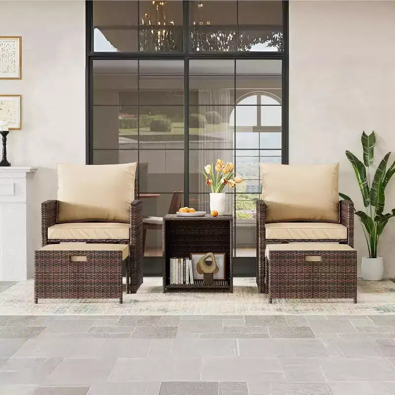 Ensemble de canapés de jardin 5 pièces à dossier haut, meubles d'extérieur en rotin PE avec coussins moelleux, 2 poufs et une table, pour jardin, balcon, porche, bord de piscine