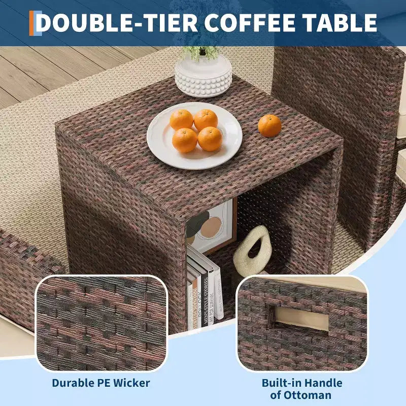 Ensemble de canapés de jardin 5 pièces à dossier haut, meubles d'extérieur en rotin PE avec coussins moelleux, 2 poufs et une table, pour jardin, balcon, porche, bord de piscine