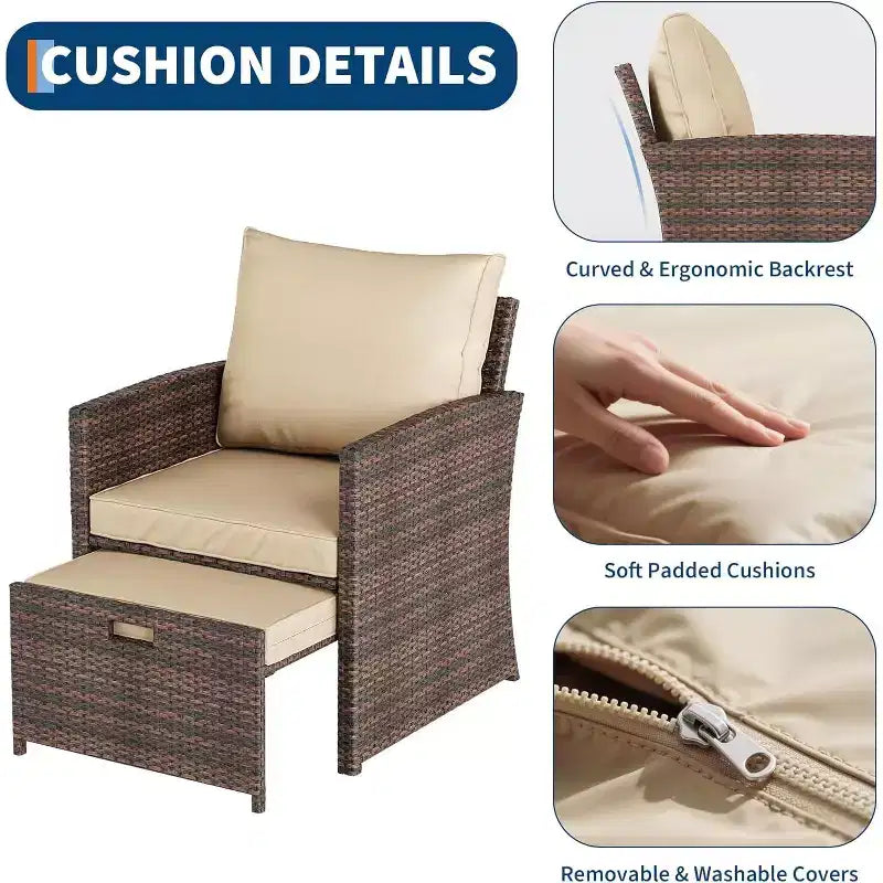 Ensemble de canapés de jardin 5 pièces à dossier haut, meubles d'extérieur en rotin PE avec coussins moelleux, 2 poufs et une table, pour jardin, balcon, porche, bord de piscine