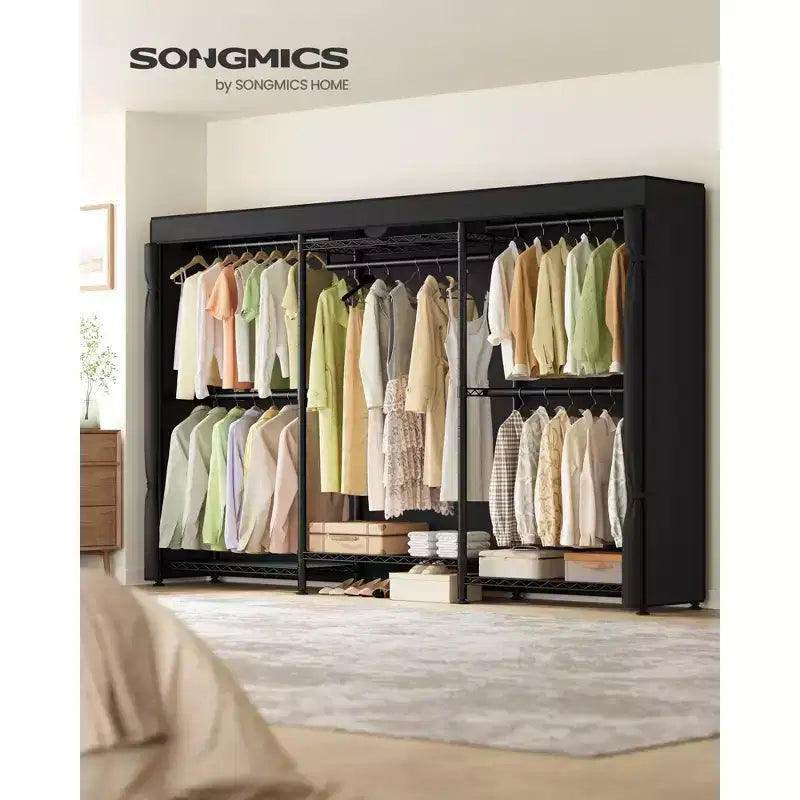 SONGMICS Portant à Vêtements Robuste sur Roues, Armoire Portable, avec Étagères en Maille et Tringles Réglables, Housse en Tissu, Noir Encre