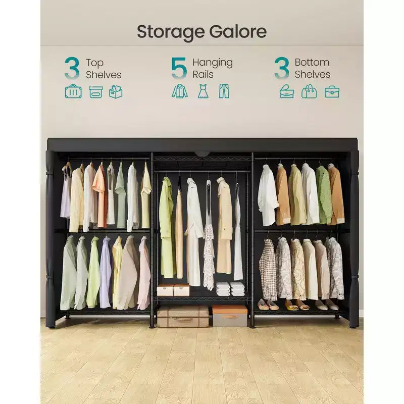 SONGMICS Portant à Vêtements Robuste sur Roues, Armoire Portable, avec Étagères en Maille et Tringles Réglables, Housse en Tissu, Noir Encre