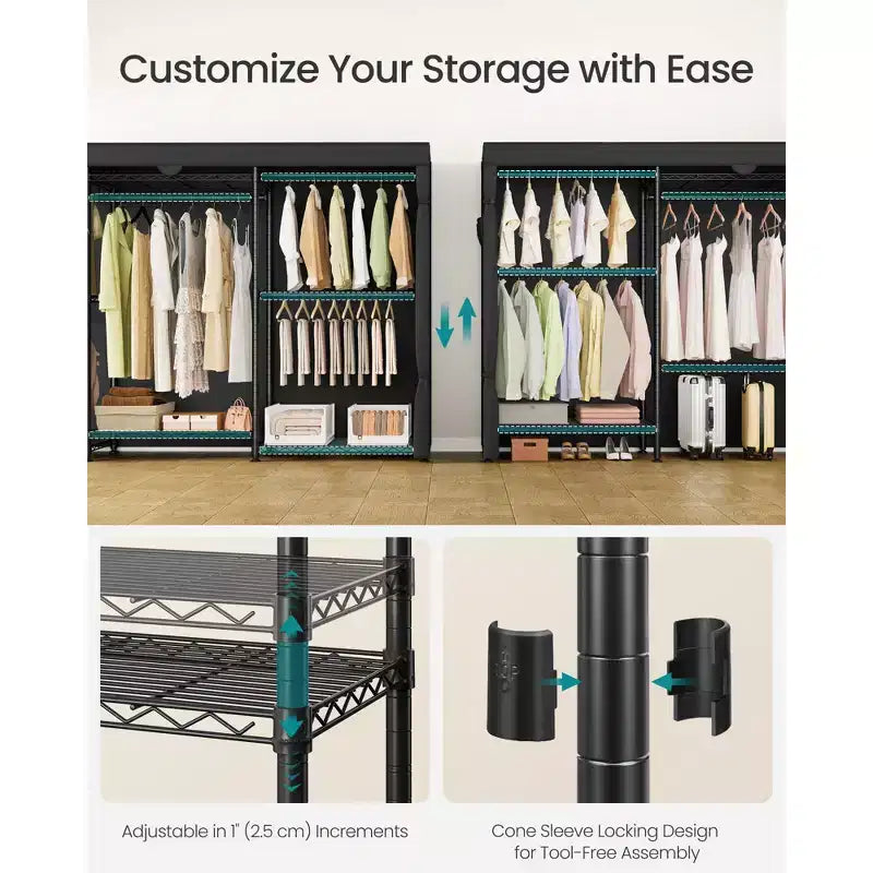 SONGMICS Portant à Vêtements Robuste sur Roues, Armoire Portable, avec Étagères en Maille et Tringles Réglables, Housse en Tissu, Noir Encre