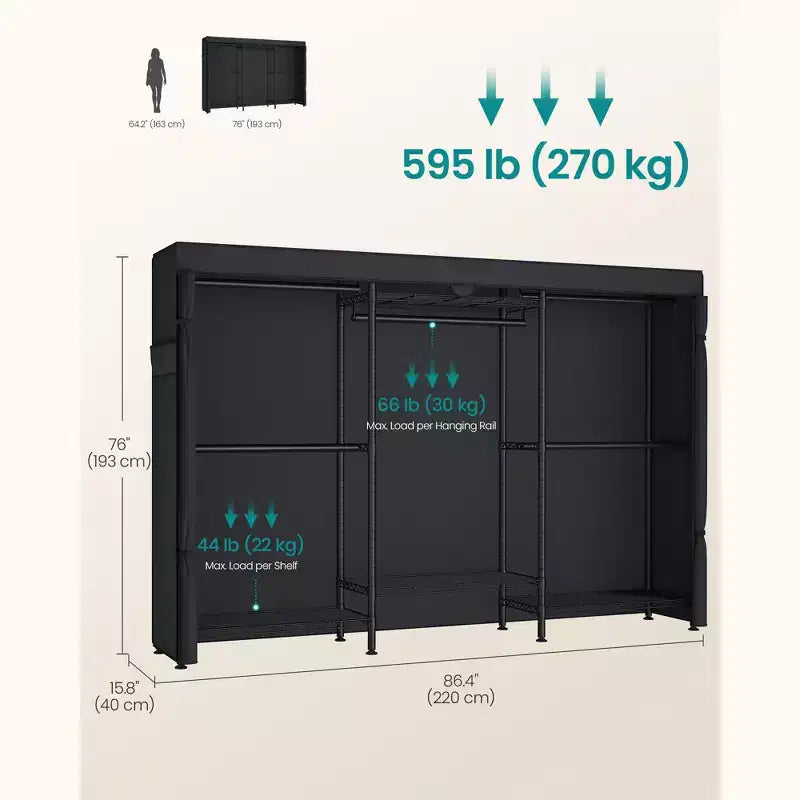 SONGMICS Portant à Vêtements Robuste sur Roues, Armoire Portable, avec Étagères en Maille et Tringles Réglables, Housse en Tissu, Noir Encre