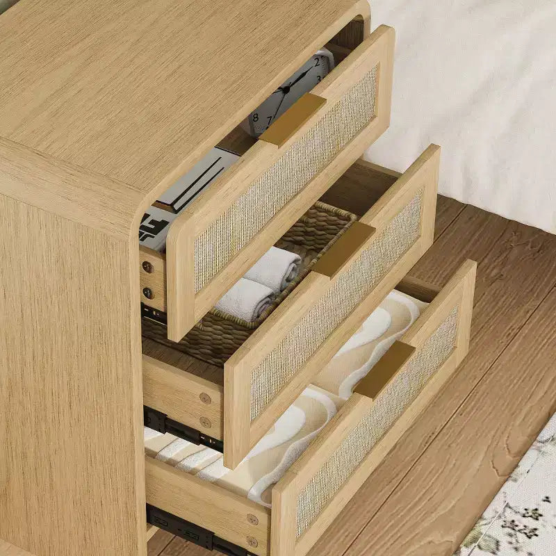 Lot de 2 tables de chevet en rotin avec 3 tiroirs, tables de nuit incurvées de 58 cm, meuble de rangement de chambre à coucher de style moderne du milieu du siècle - Panipeachy